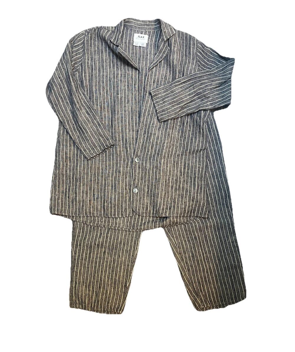 Vntg FLAX Jeanne Engelhart Linen 2 Piece Pant Set Women M Grey Stripe Lagenlook